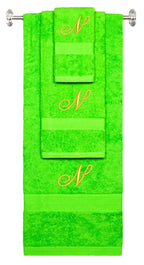Lime monogrammed towel set with Gold thread, Diana Script font, initial N - 540 GSM cotton 3-piece