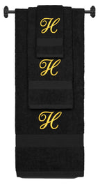 Black monogrammed towel set with Gold thread, Diana Script font, initial H - 540 GSM cotton 3-piece