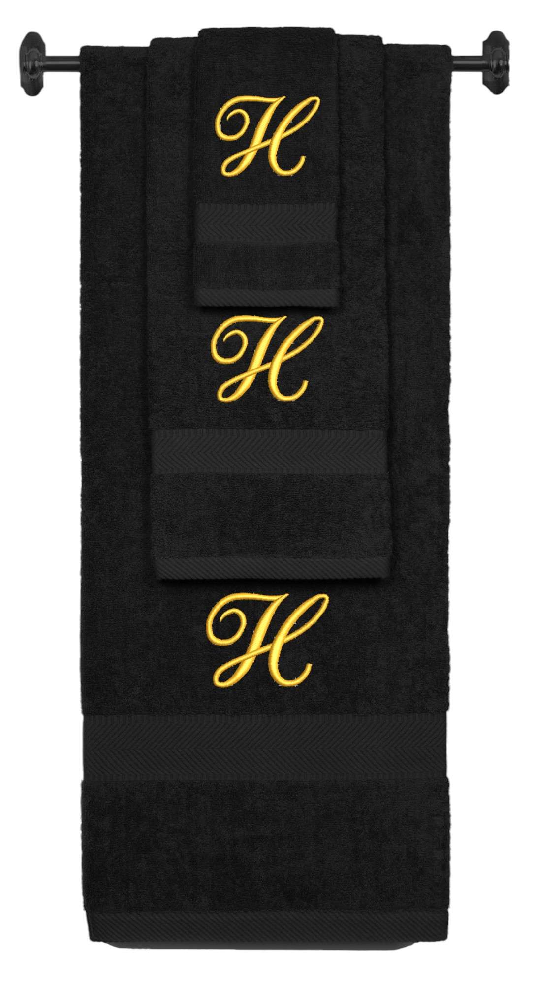 Black monogrammed towel set with Gold thread, Diana Script font, initial H - 540 GSM cotton 3-piece