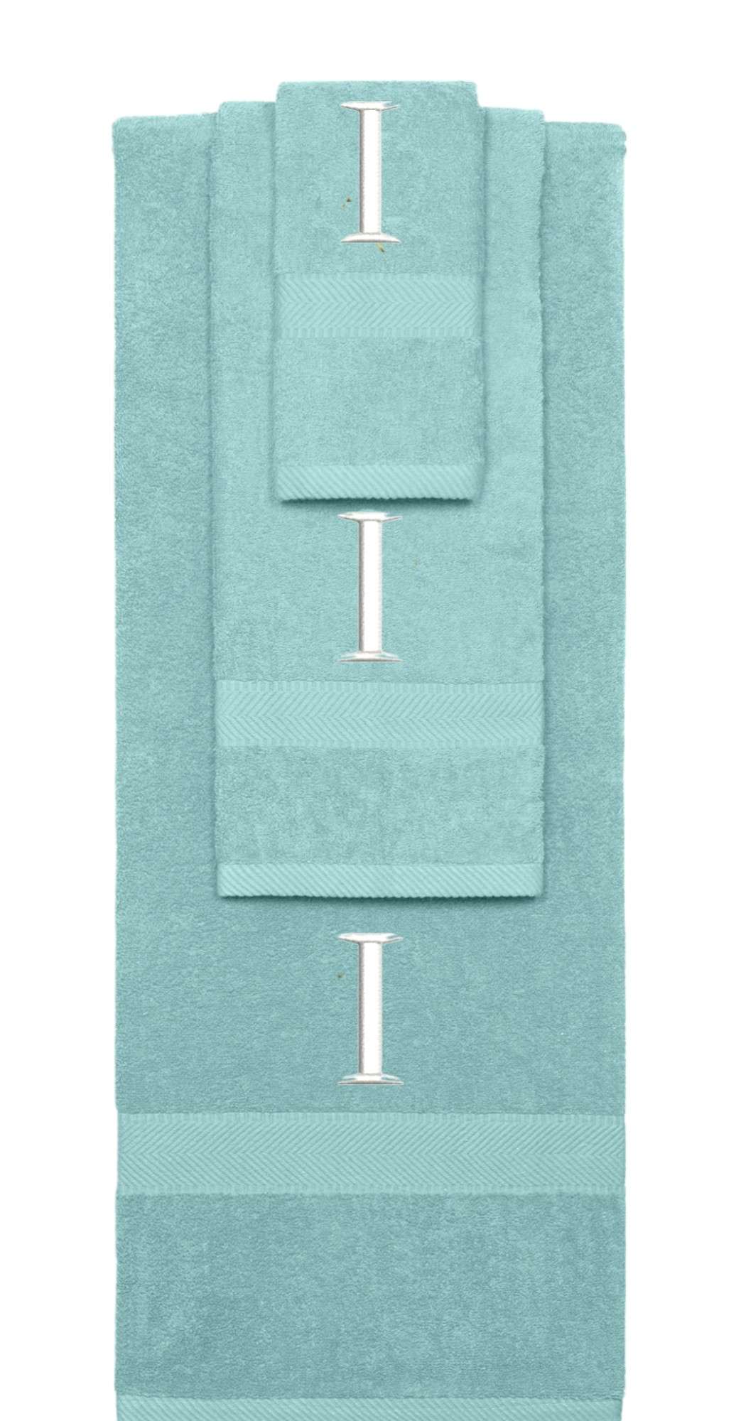 Nautical Teal monogrammed towel set with White thread, Times New Roman font, initial I - 540 GSM cotton 3-piece