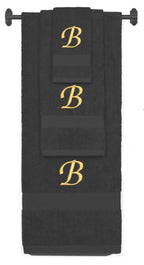 Charcoal monogrammed towel set with Gold thread, Chancery font, initial B - 540 GSM cotton 3-piece