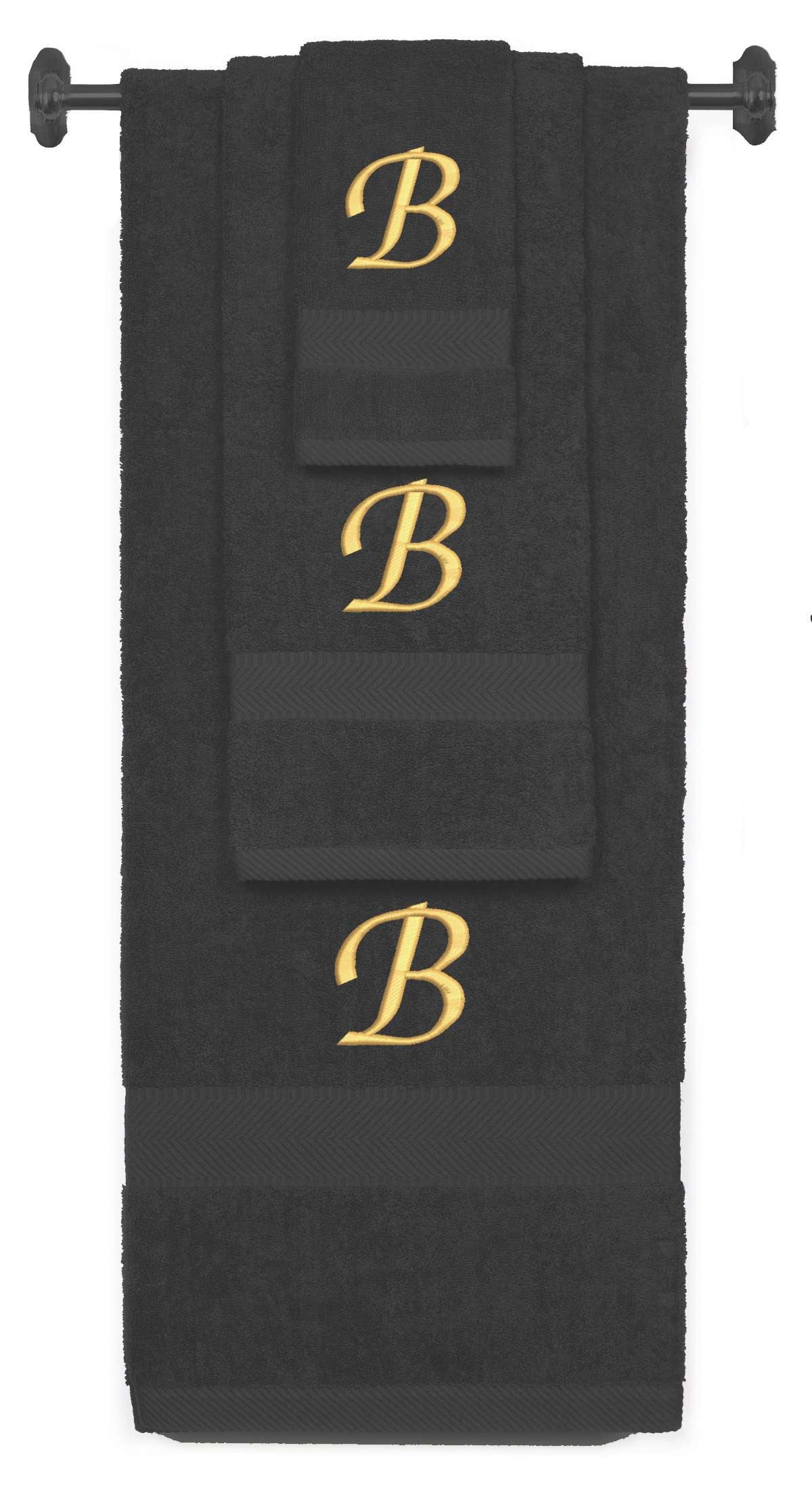 Charcoal monogrammed towel set with Gold thread, Chancery font, initial B - 540 GSM cotton 3-piece