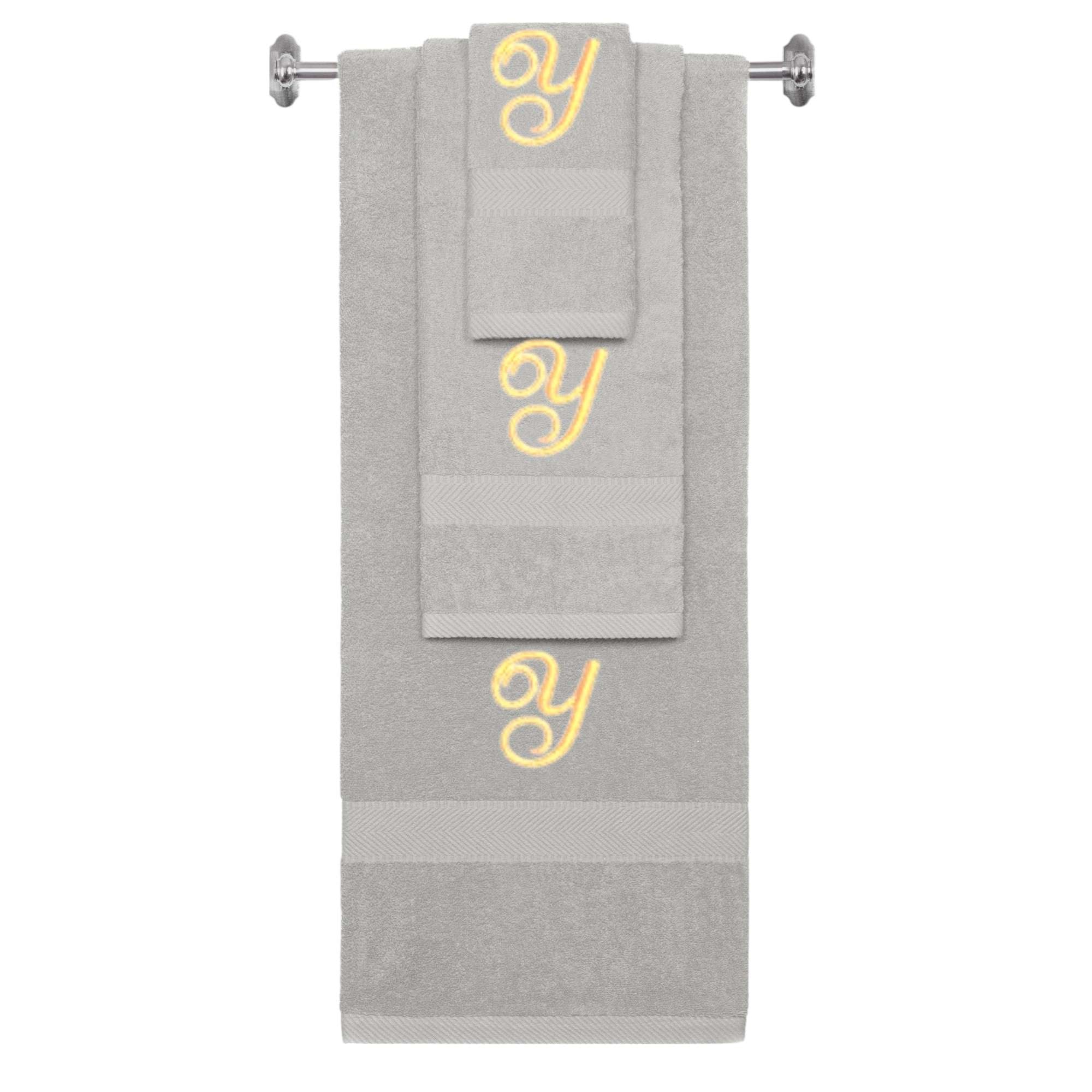Silver monogrammed towel set with Gold thread, Diana Script font, initial Y - 540 GSM cotton 3-piece