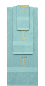 Nautical Teal monogrammed towel set with Gold thread, Times New Roman font, initial T - 540 GSM cotton 3-piece