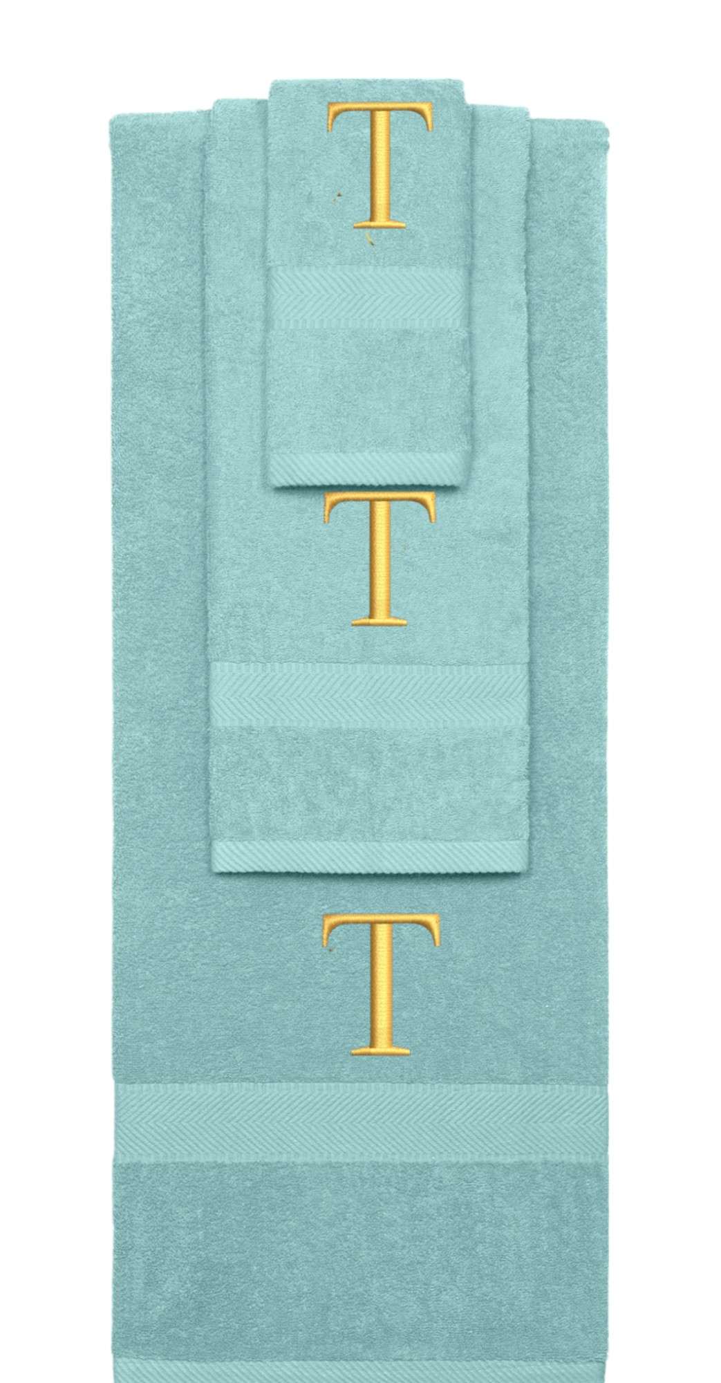 Nautical Teal monogrammed towel set with Gold thread, Times New Roman font, initial T - 540 GSM cotton 3-piece