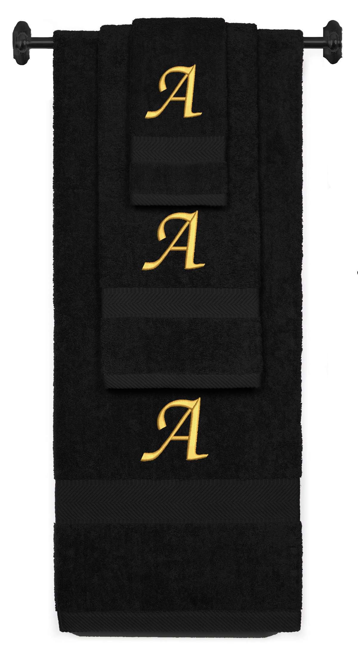 Black monogrammed towel set with Gold thread, Chancery font, initial A - 540 GSM cotton 3-piece