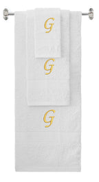 White monogrammed towel set with Gold thread, Chancery font, initial G - 540 GSM cotton 3-piece