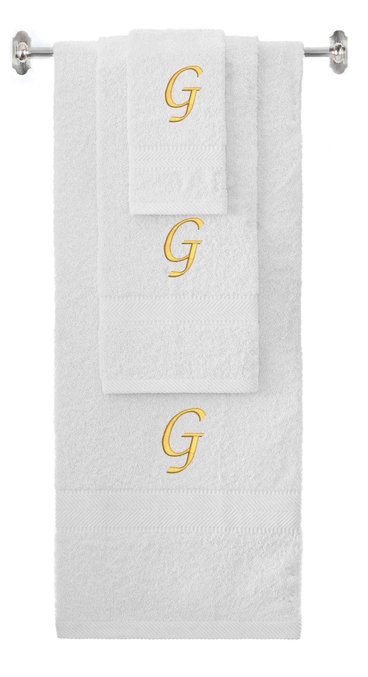 White monogrammed towel set with Gold thread, Chancery font, initial G - 540 GSM cotton 3-piece