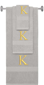 Silver monogrammed towel set with Gold thread, Times New Roman font, initial K - 540 GSM cotton 3-piece