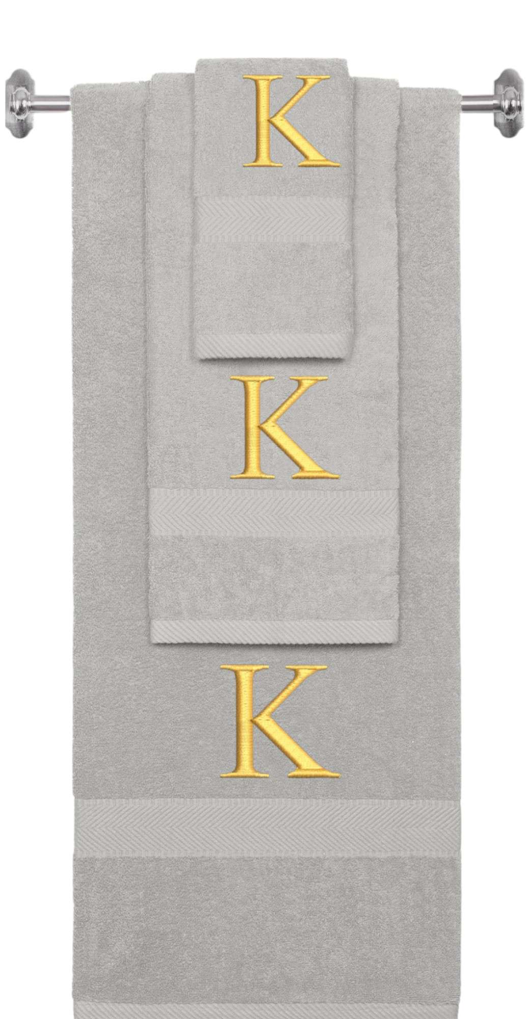 Silver monogrammed towel set with Gold thread, Times New Roman font, initial K - 540 GSM cotton 3-piece