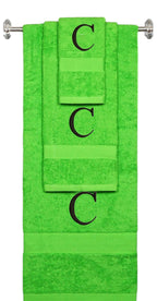 Lime monogrammed towel set with Black thread, Times New Roman font, initial C - 540 GSM cotton 3-piece