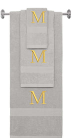 Silver monogrammed towel set with Gold thread, Times New Roman font, initial M - 540 GSM cotton 3-piece