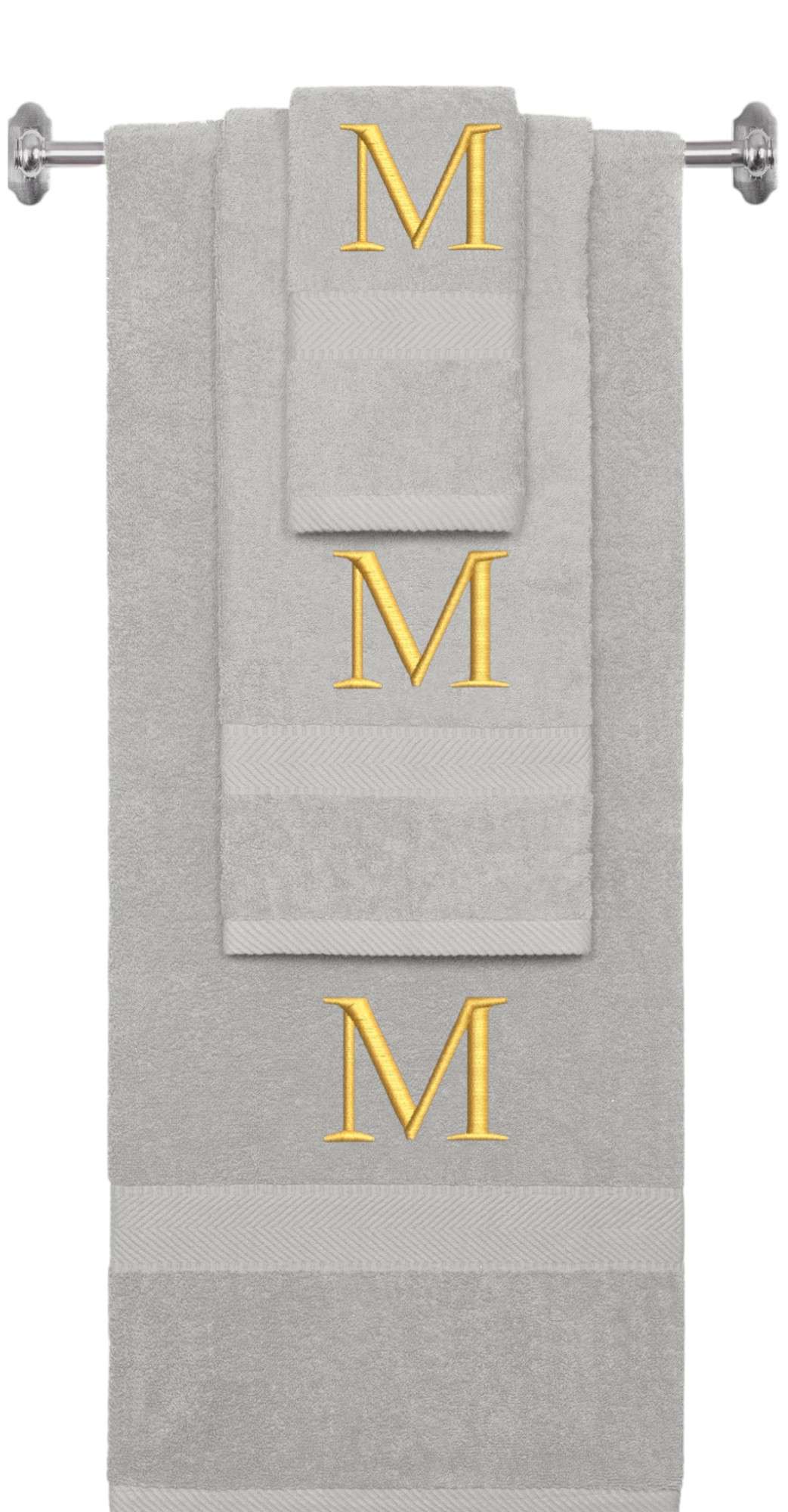Silver monogrammed towel set with Gold thread, Times New Roman font, initial M - 540 GSM cotton 3-piece