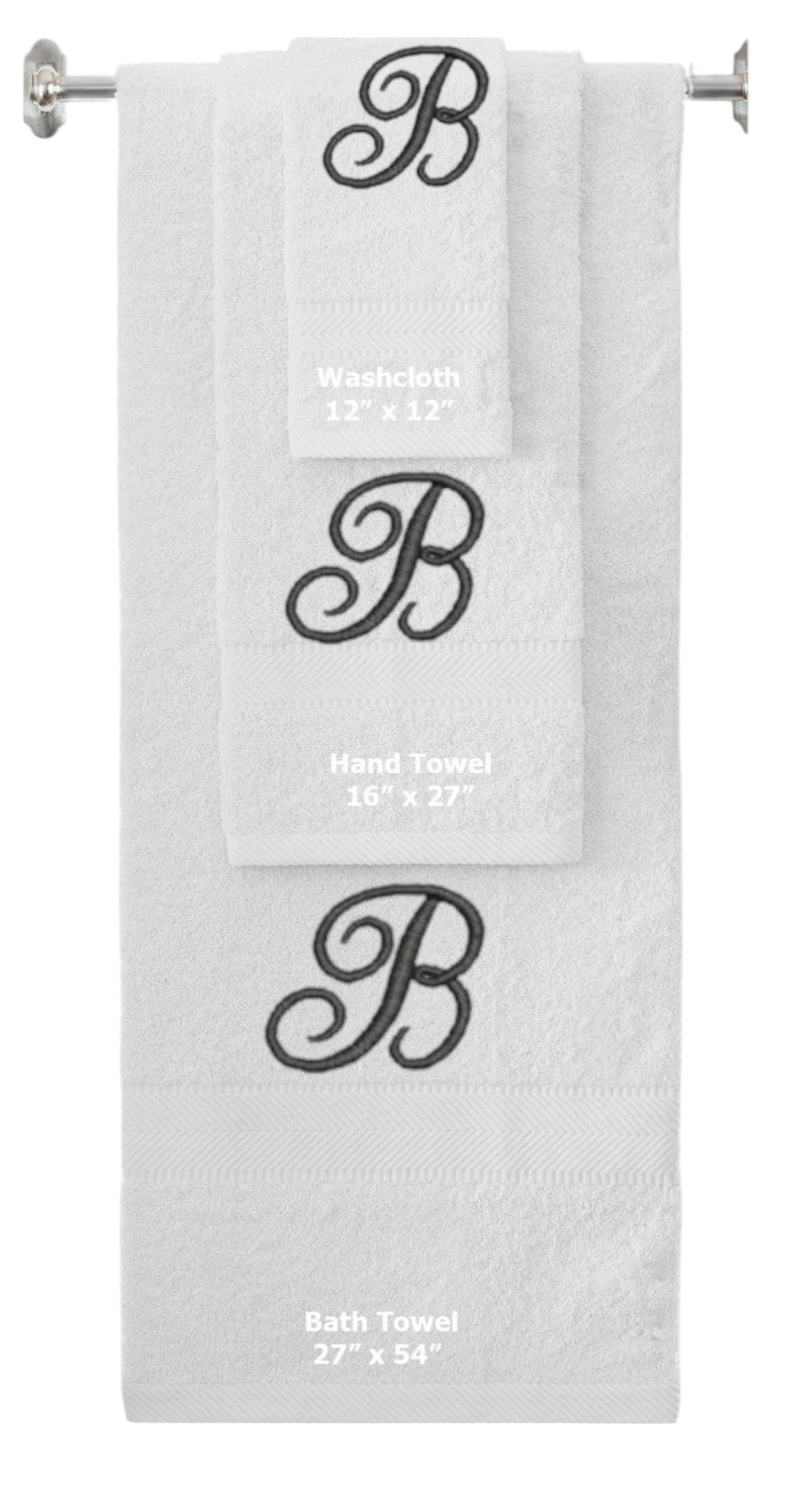White monogrammed towel set with Black thread, Diana Script font, initial B - 540 GSM cotton 3-piece