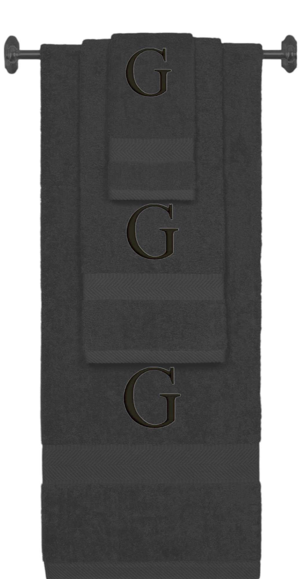 Charcoal monogrammed towel set with Black thread, Times New Roman font, initial G - 540 GSM cotton 3-piece