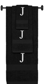 Black monogrammed towel set with Silver thread, Times New Roman font, initial J - 540 GSM cotton 3-piece