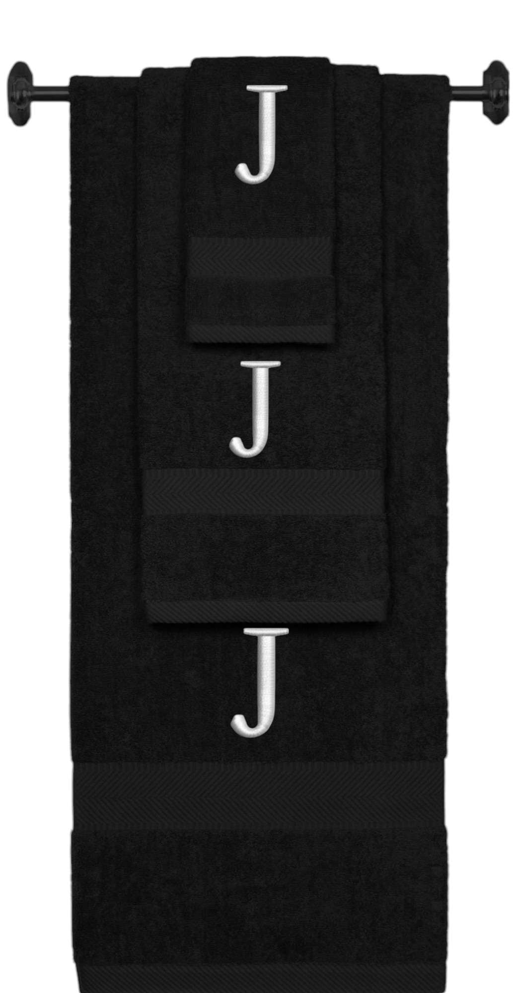Black monogrammed towel set with Silver thread, Times New Roman font, initial J - 540 GSM cotton 3-piece
