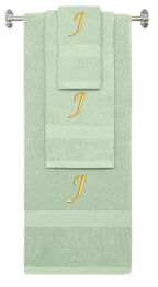 Mint Green monogrammed towel set with Gold thread, Chancery font, initial J - 540 GSM cotton 3-piece