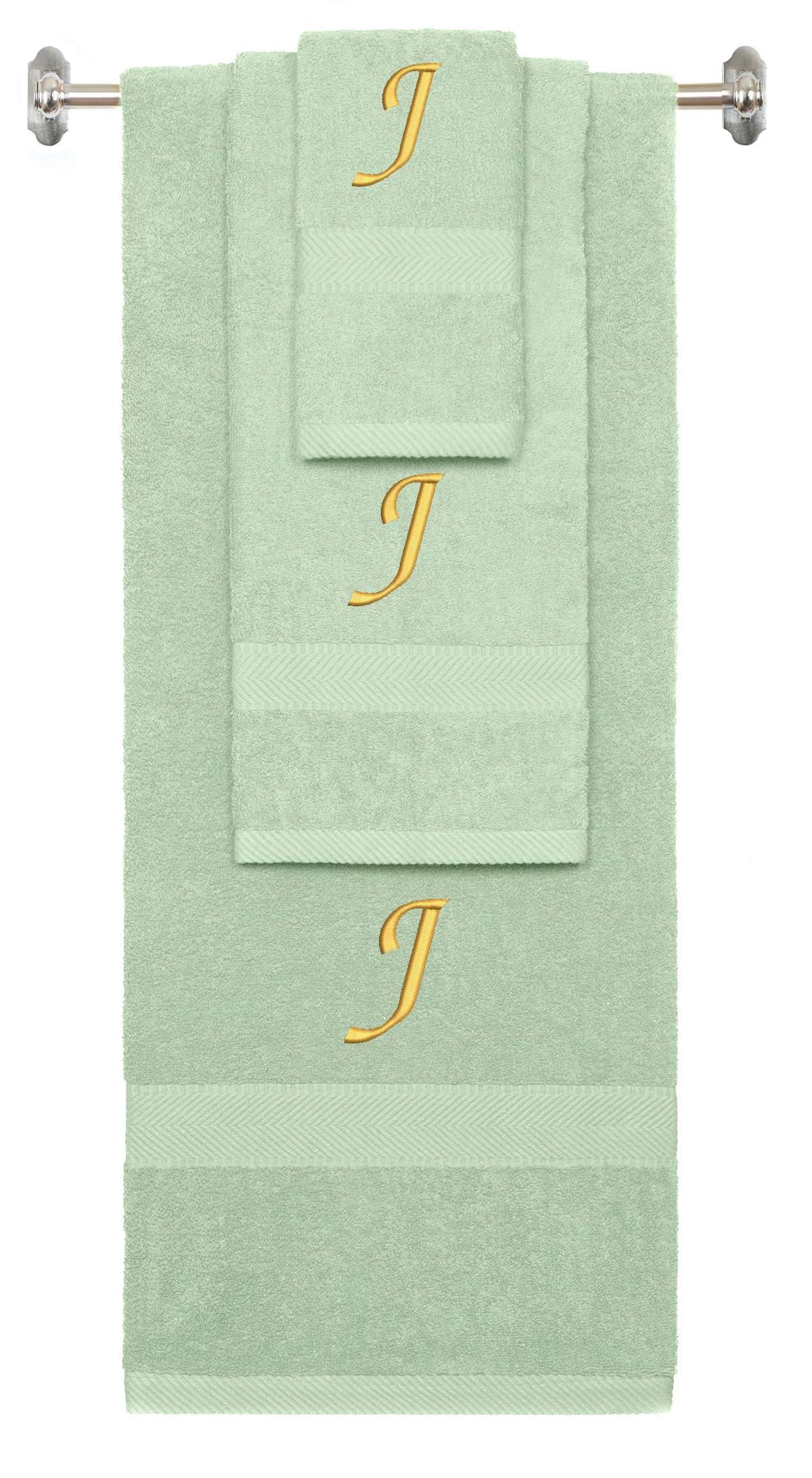 Mint Green monogrammed towel set with Gold thread, Chancery font, initial J - 540 GSM cotton 3-piece