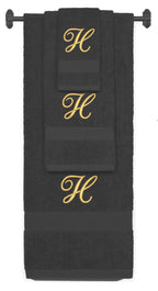 Charcoal monogrammed towel set with Gold thread, Diana Script font, initial H - 540 GSM cotton 3-piece