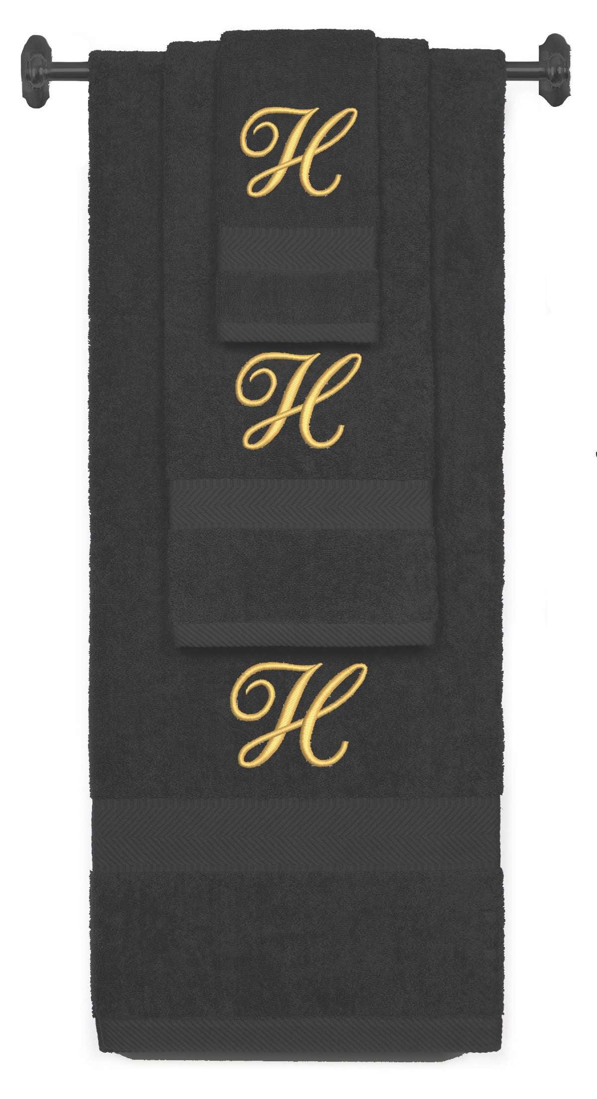 Charcoal monogrammed towel set with Gold thread, Diana Script font, initial H - 540 GSM cotton 3-piece