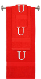 Red monogrammed towel set with Silver thread, Times New Roman font, initial U - 540 GSM cotton 3-piece