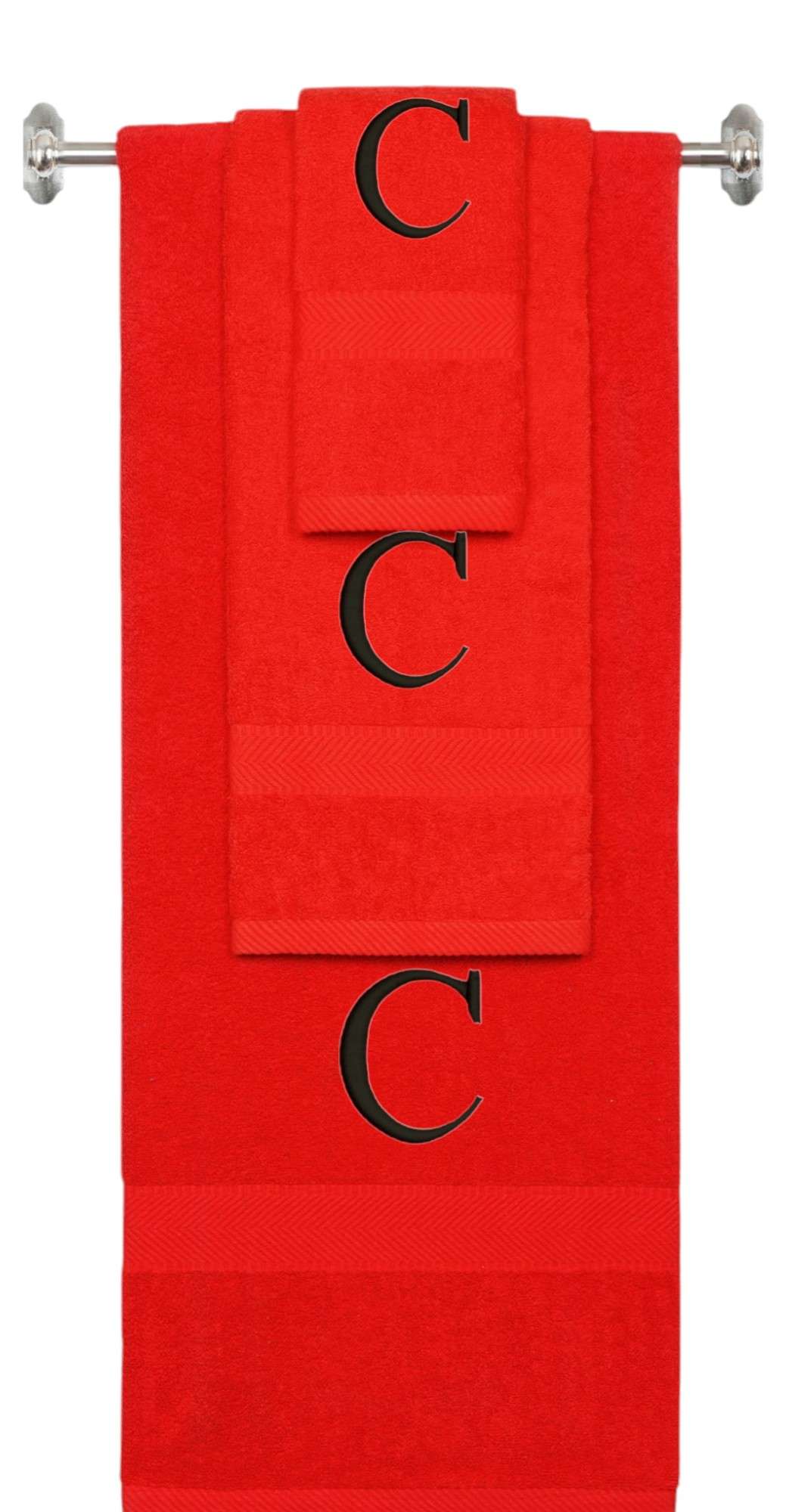 Red monogrammed towel set with Black thread, Times New Roman font, initial C - 540 GSM cotton 3-piece
