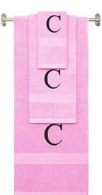 Pink monogrammed towel set with Black thread, Times New Roman font, initial C - 540 GSM cotton 3-piece
