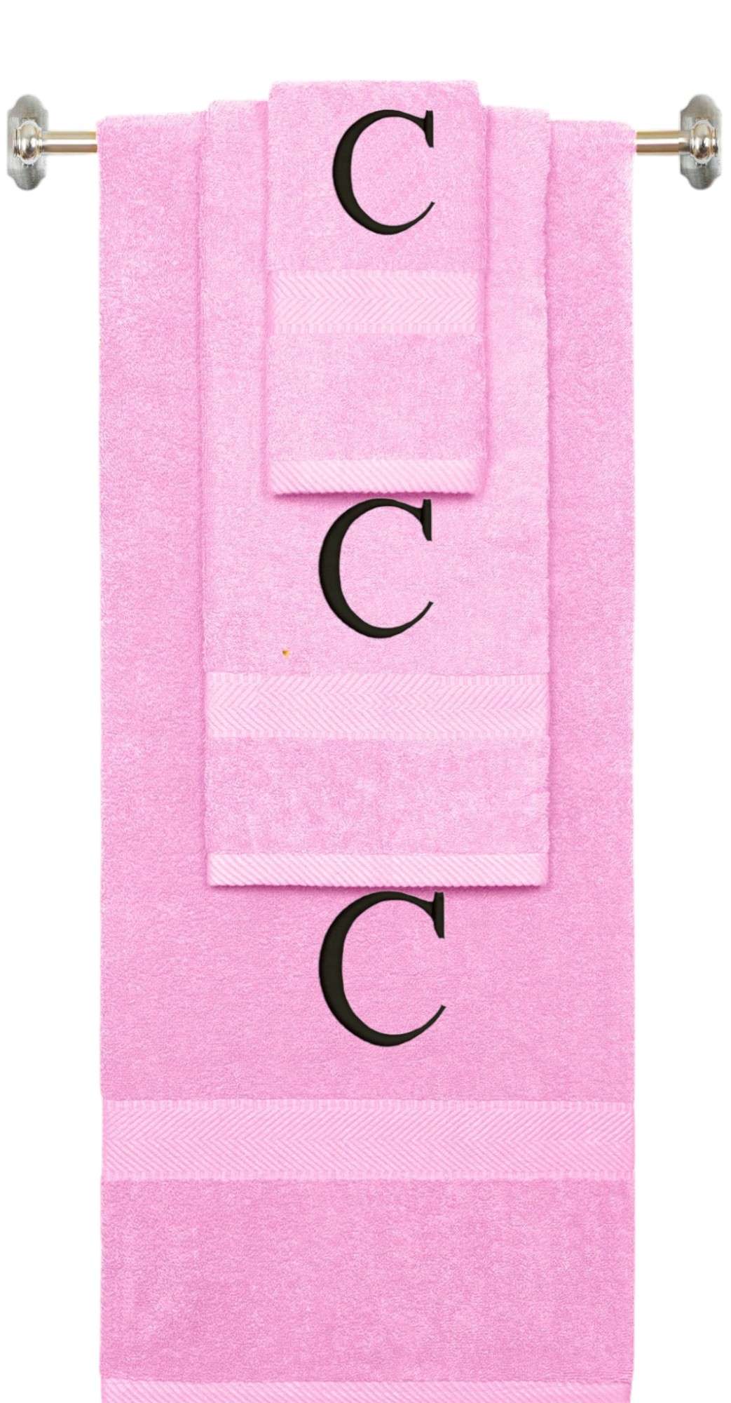 Pink monogrammed towel set with Black thread, Times New Roman font, initial C - 540 GSM cotton 3-piece