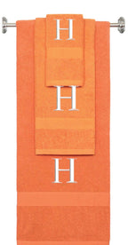 Orange monogrammed towel set with White thread, Times New Roman font, initial H - 540 GSM cotton 3-piece