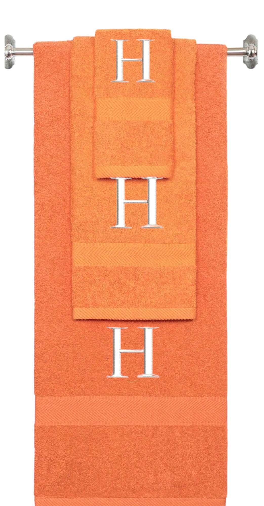 Orange monogrammed towel set with White thread, Times New Roman font, initial H - 540 GSM cotton 3-piece