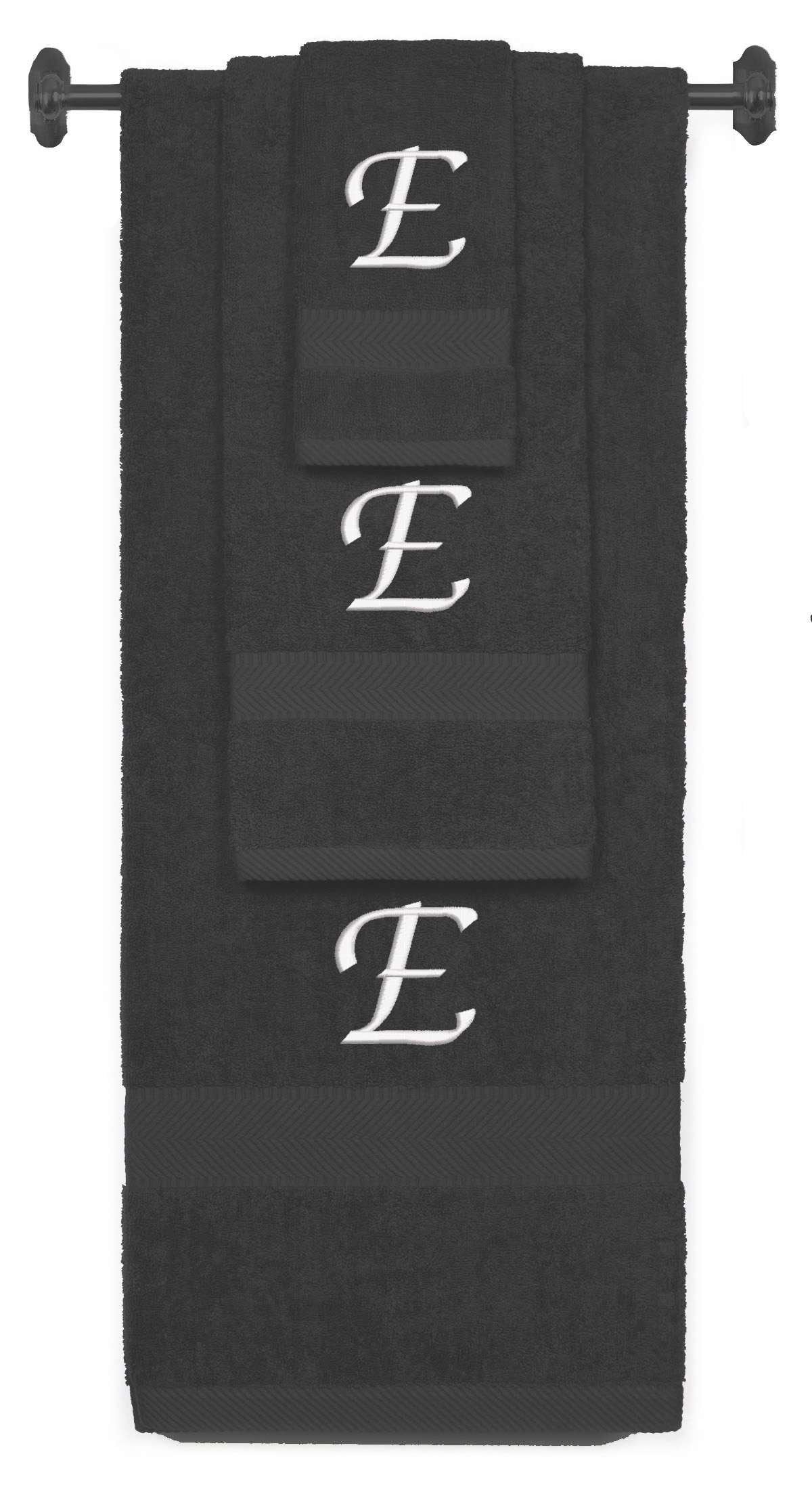 Charcoal monogrammed towel set with White thread, Chancery font, initial E - 540 GSM cotton 3-piece