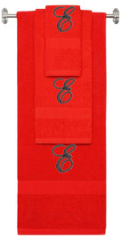Red monogrammed towel set with Black thread, Diana Script font, initial E - 540 GSM cotton 3-piece