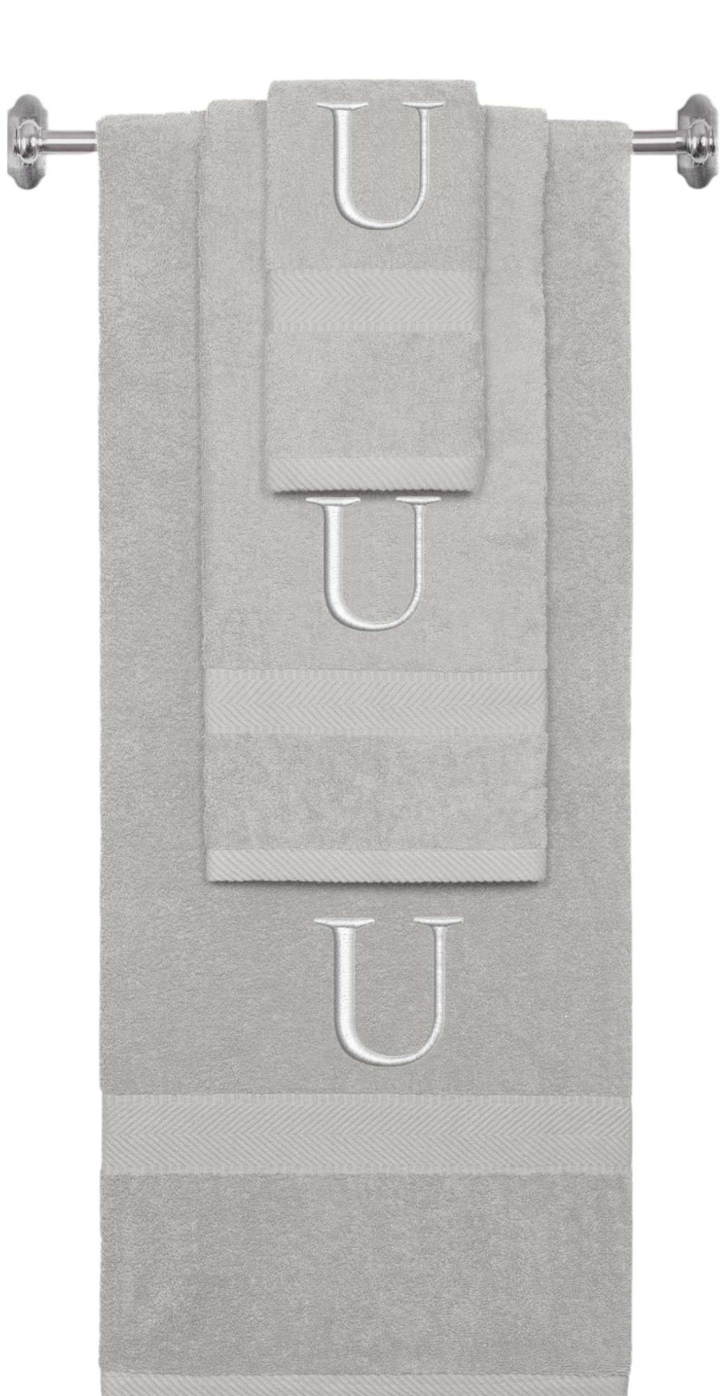 Silver monogrammed towel set with Silver thread, Times New Roman font, initial U - 540 GSM cotton 3-piece