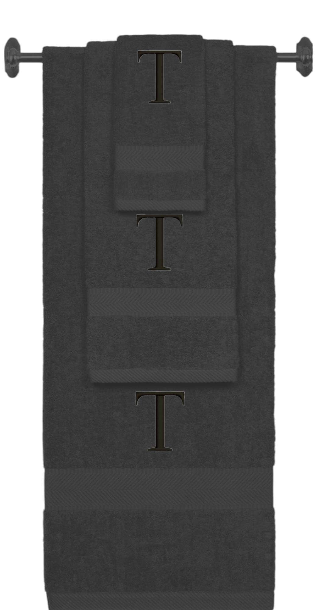 Charcoal monogrammed towel set with Black thread, Times New Roman font, initial T - 540 GSM cotton 3-piece