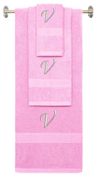 Pink monogrammed towel set with Silver thread, Chancery font, initial V - 540 GSM cotton 3-piece