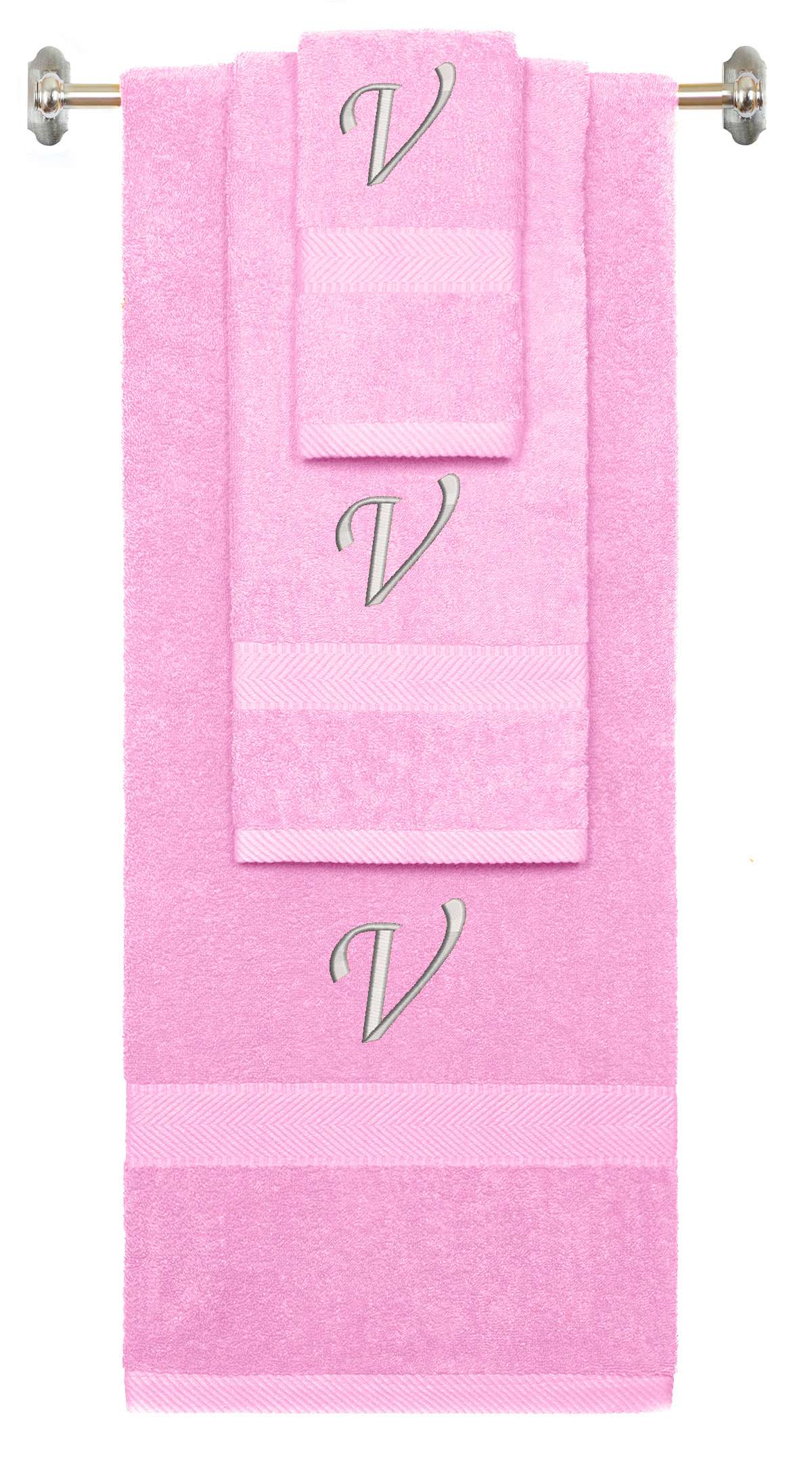 Pink monogrammed towel set with Silver thread, Chancery font, initial V - 540 GSM cotton 3-piece