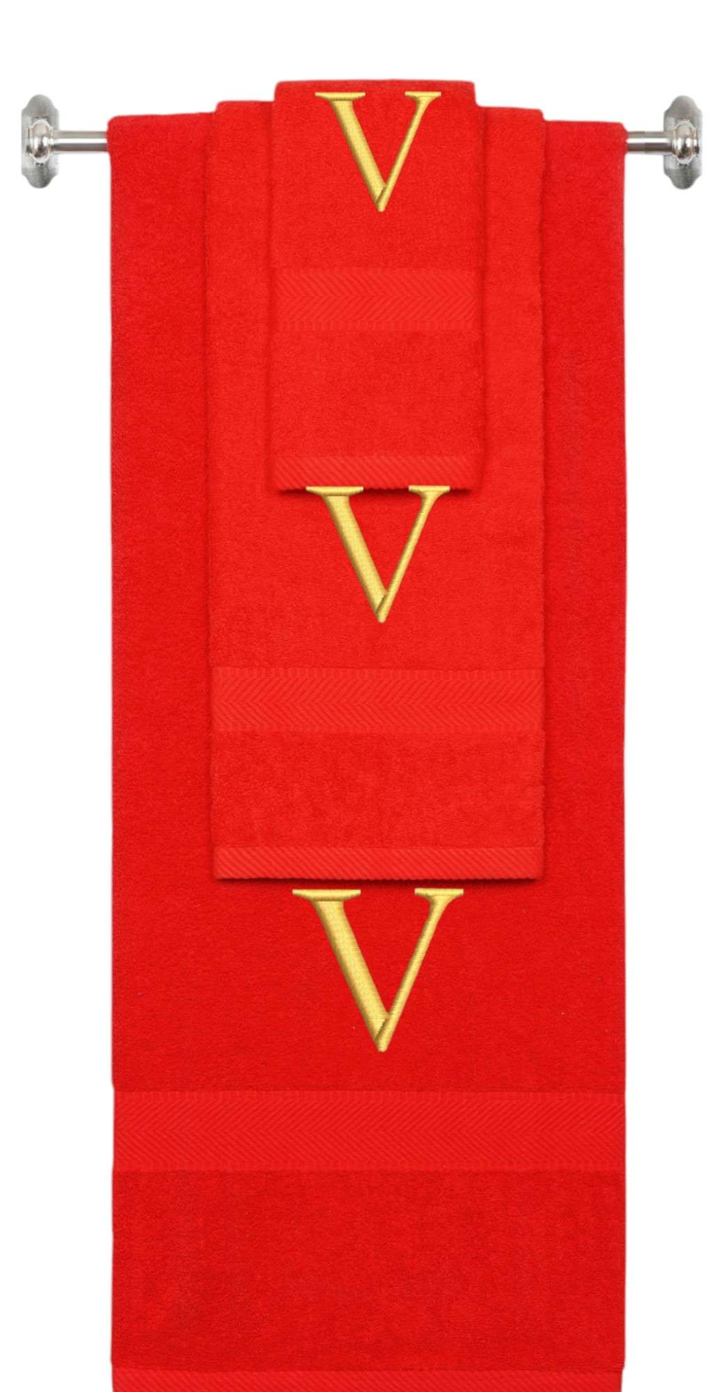 Red monogrammed towel set with Gold thread, Times New Roman font, initial V - 540 GSM cotton 3-piece