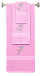 Pink monogrammed towel set with Silver thread, Diana Script font, initial I - 540 GSM cotton 3-piece