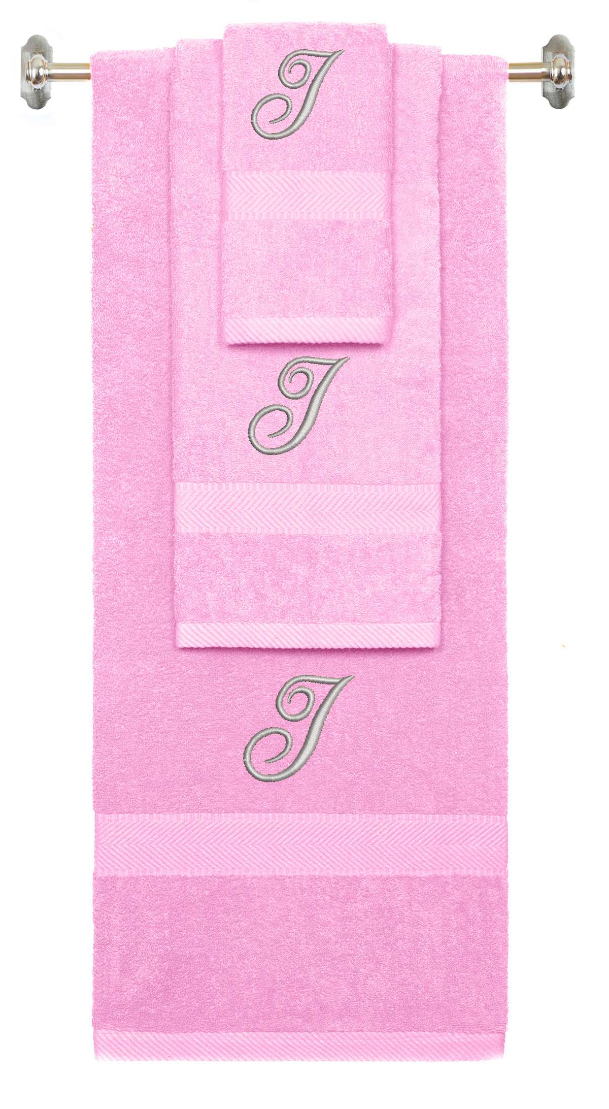 Pink monogrammed towel set with Silver thread, Diana Script font, initial I - 540 GSM cotton 3-piece