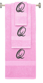 Pink monogrammed towel set with Black thread, Diana Script font, initial Q - 540 GSM cotton 3-piece