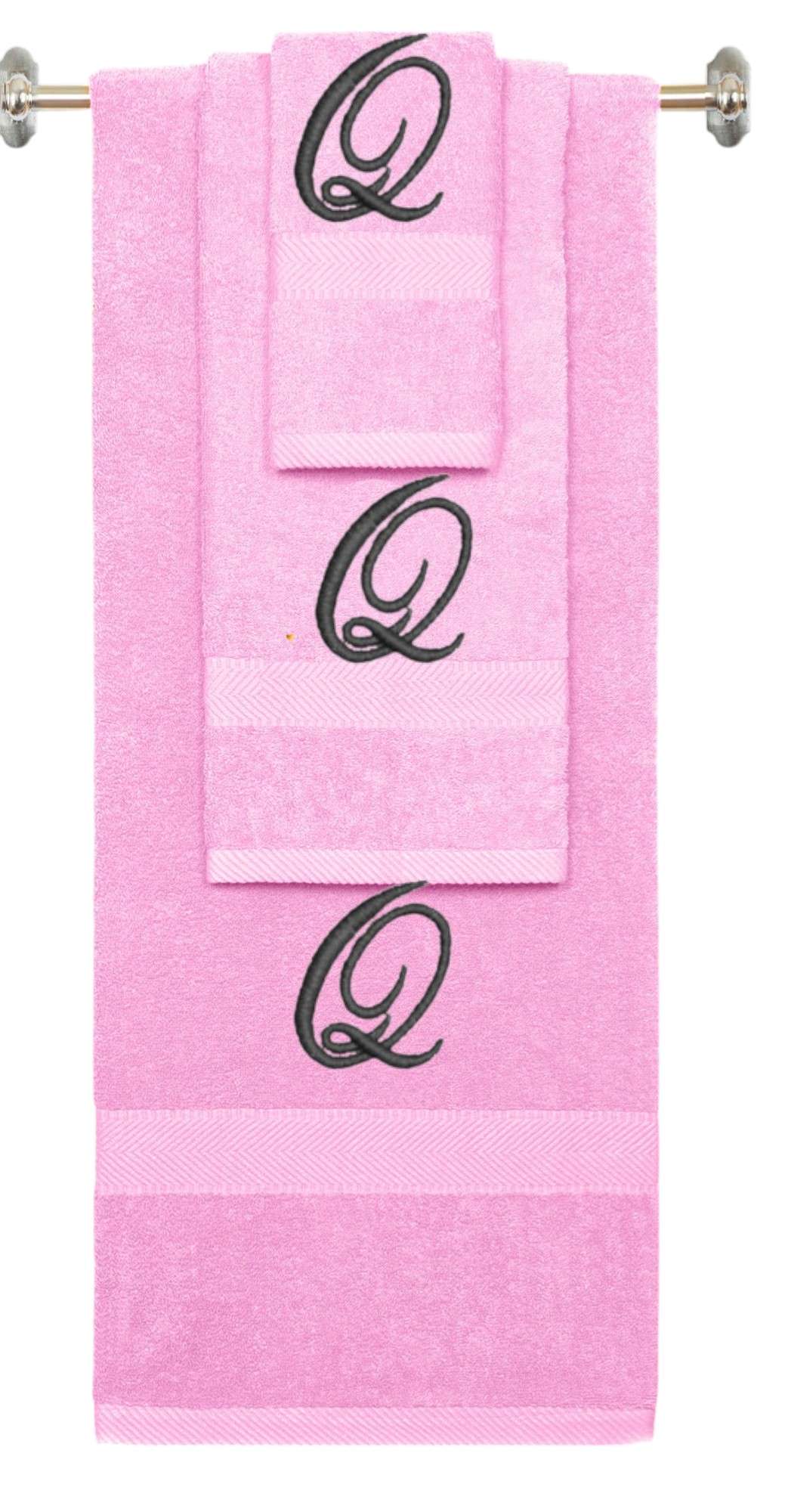 Pink monogrammed towel set with Black thread, Diana Script font, initial Q - 540 GSM cotton 3-piece