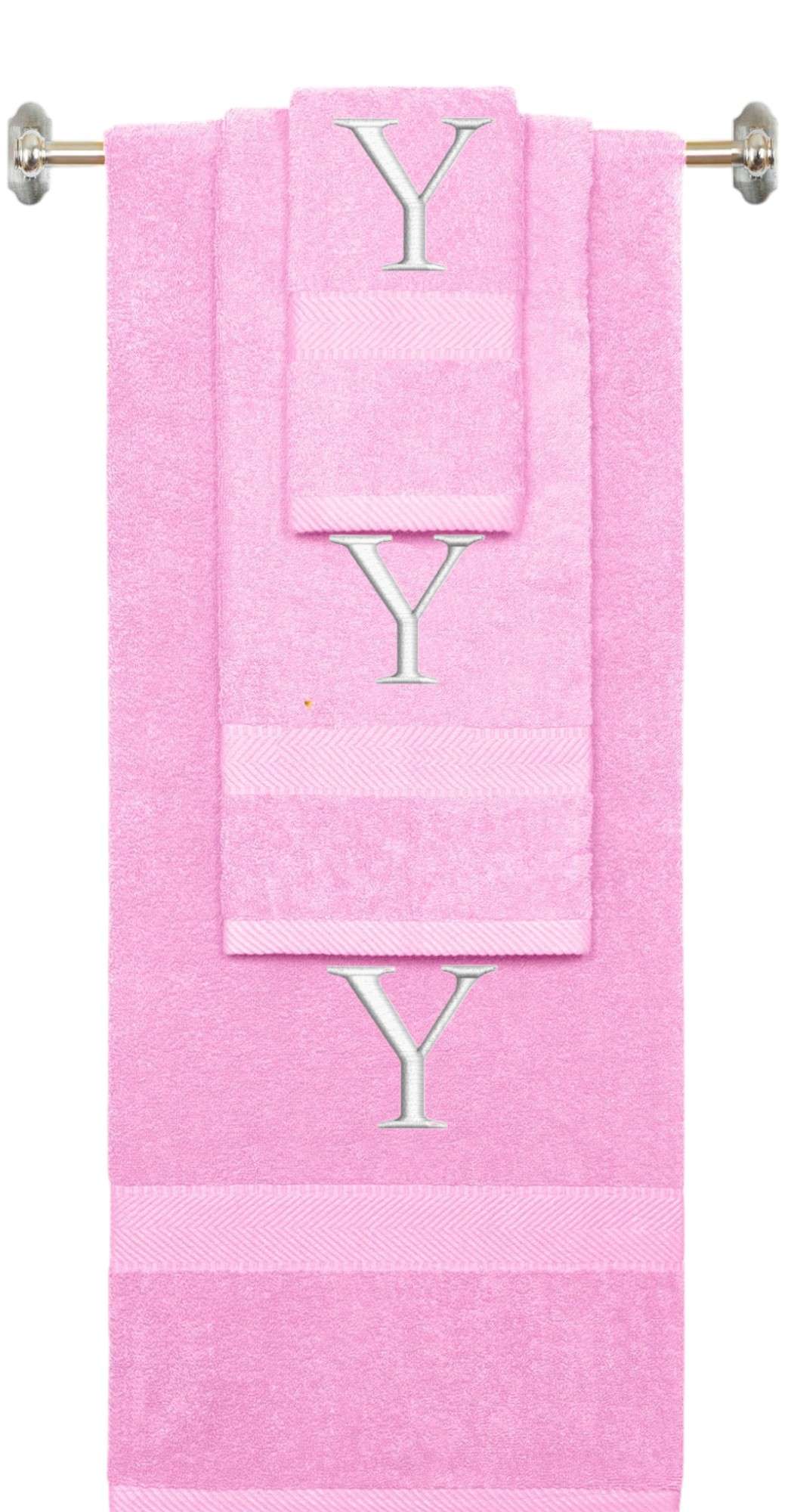 Pink monogrammed towel set with White thread, Times New Roman font, initial Y - 540 GSM cotton 3-piece