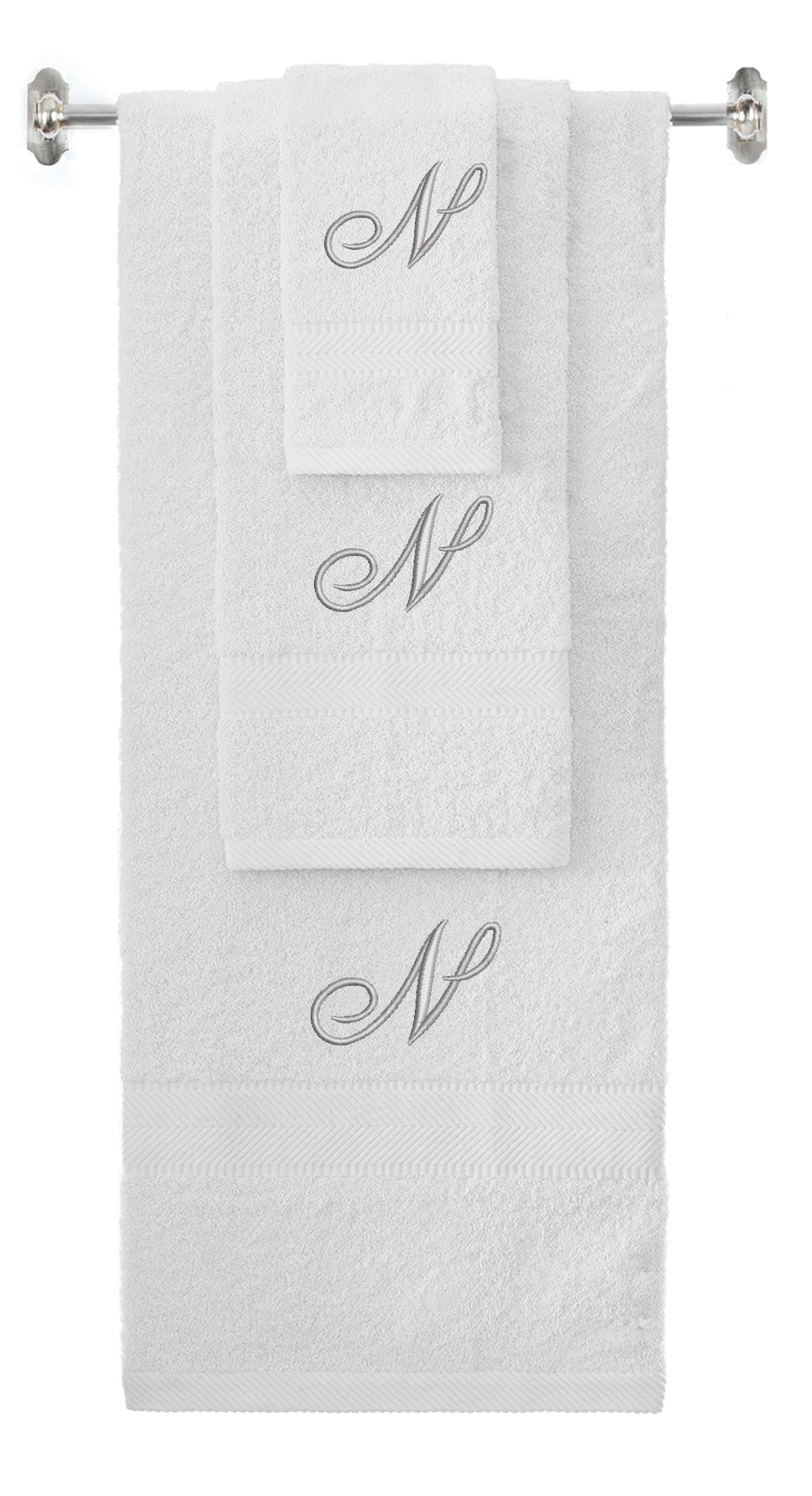 White monogrammed towel set with Silver thread, Diana Script font, initial N - 540 GSM cotton 3-piece