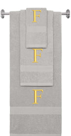Silver monogrammed towel set with Gold thread, Times New Roman font, initial F - 540 GSM cotton 3-piece