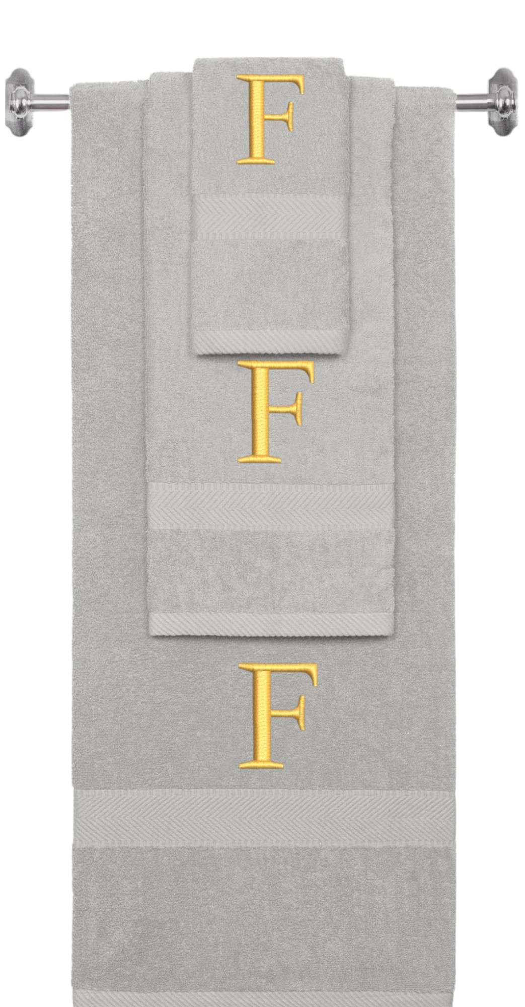 Silver monogrammed towel set with Gold thread, Times New Roman font, initial F - 540 GSM cotton 3-piece