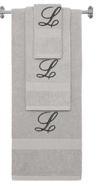 Silver monogrammed towel set with Black thread, Diana Script font, initial L - 540 GSM cotton 3-piece