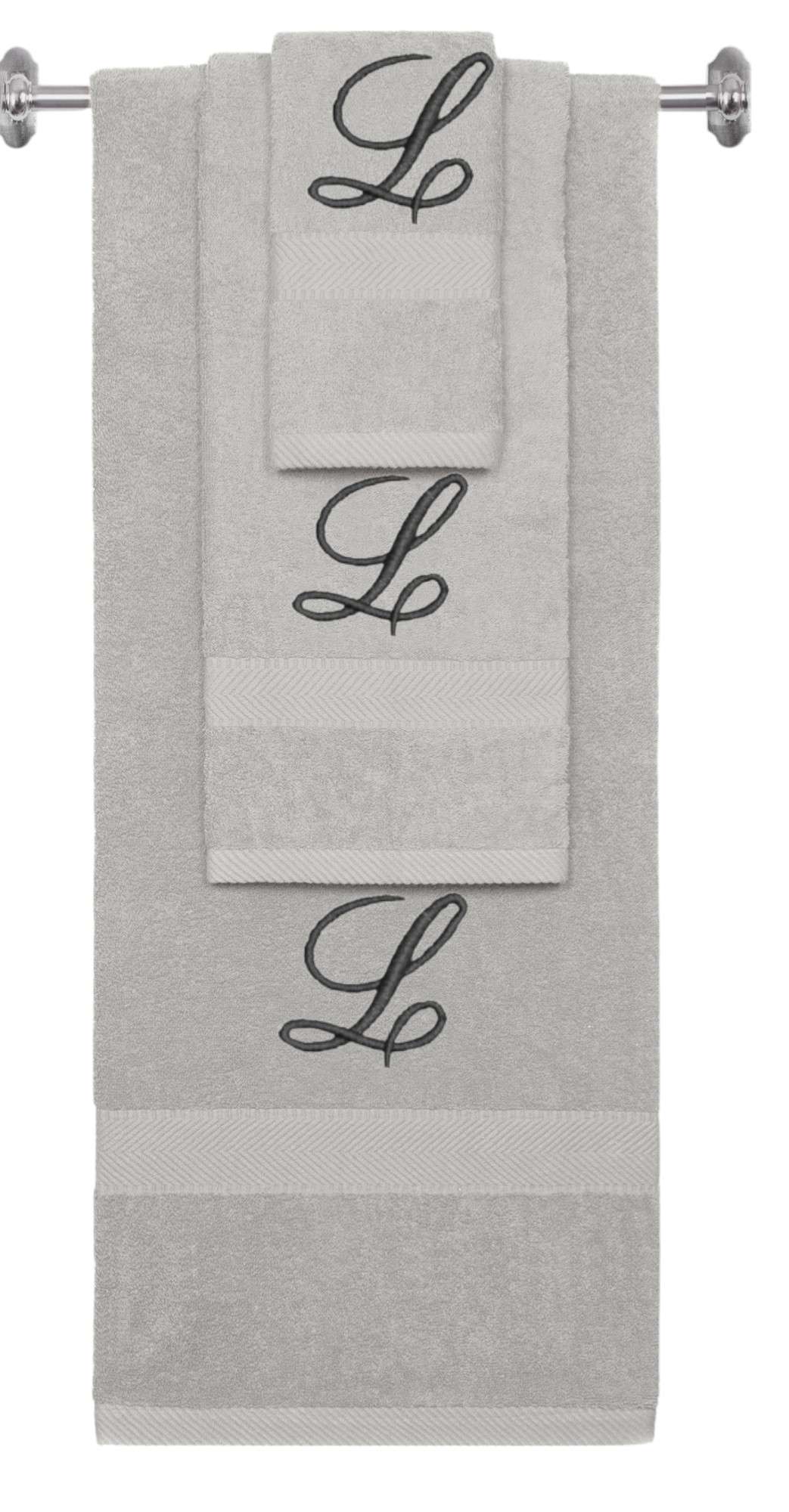 Silver monogrammed towel set with Black thread, Diana Script font, initial L - 540 GSM cotton 3-piece