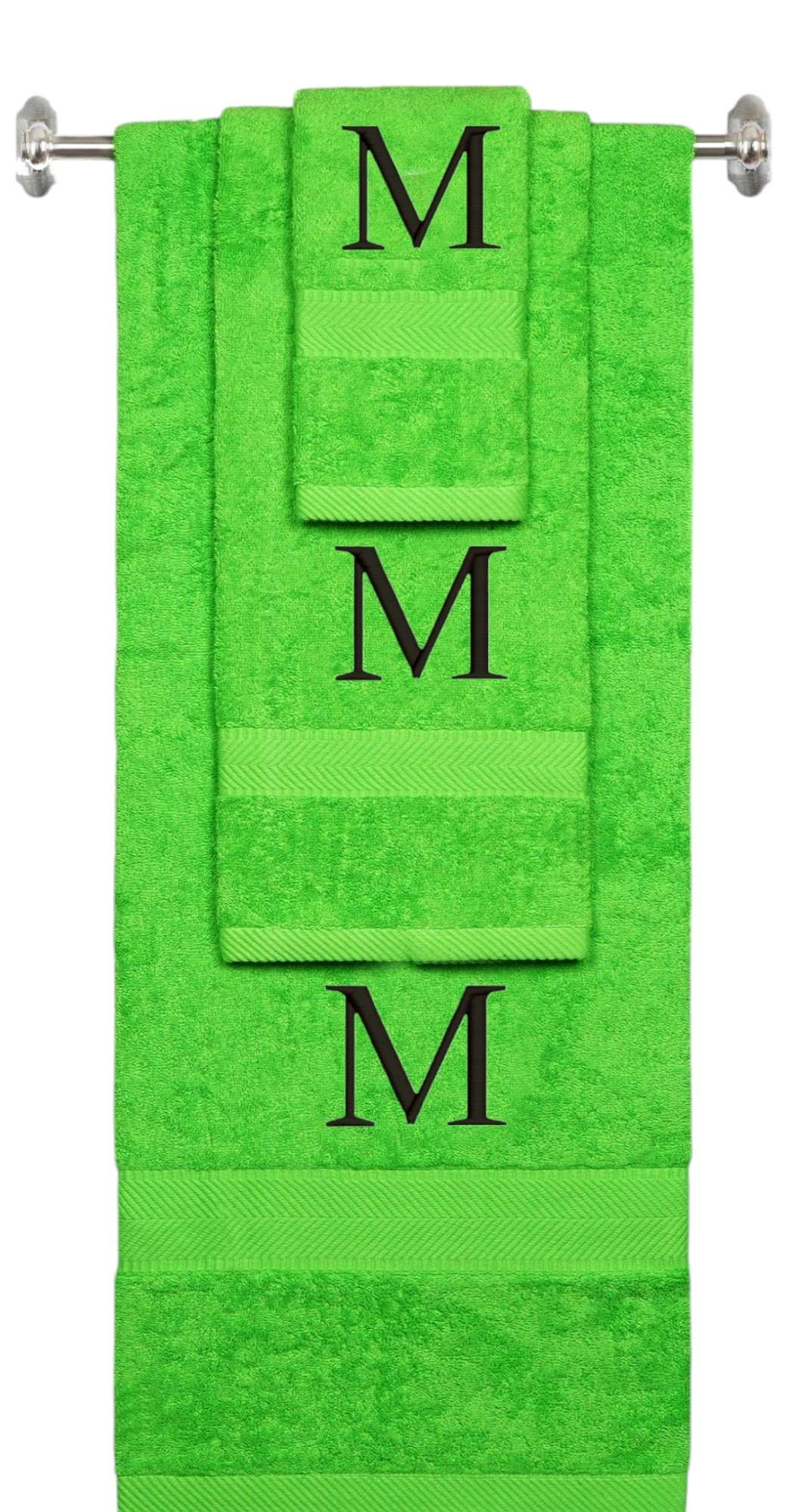 Lime monogrammed towel set with Black thread, Times New Roman font, initial M - 540 GSM cotton 3-piece