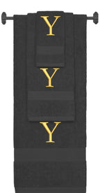 Charcoal monogrammed towel set with Gold thread, Times New Roman font, initial Y - 540 GSM cotton 3-piece